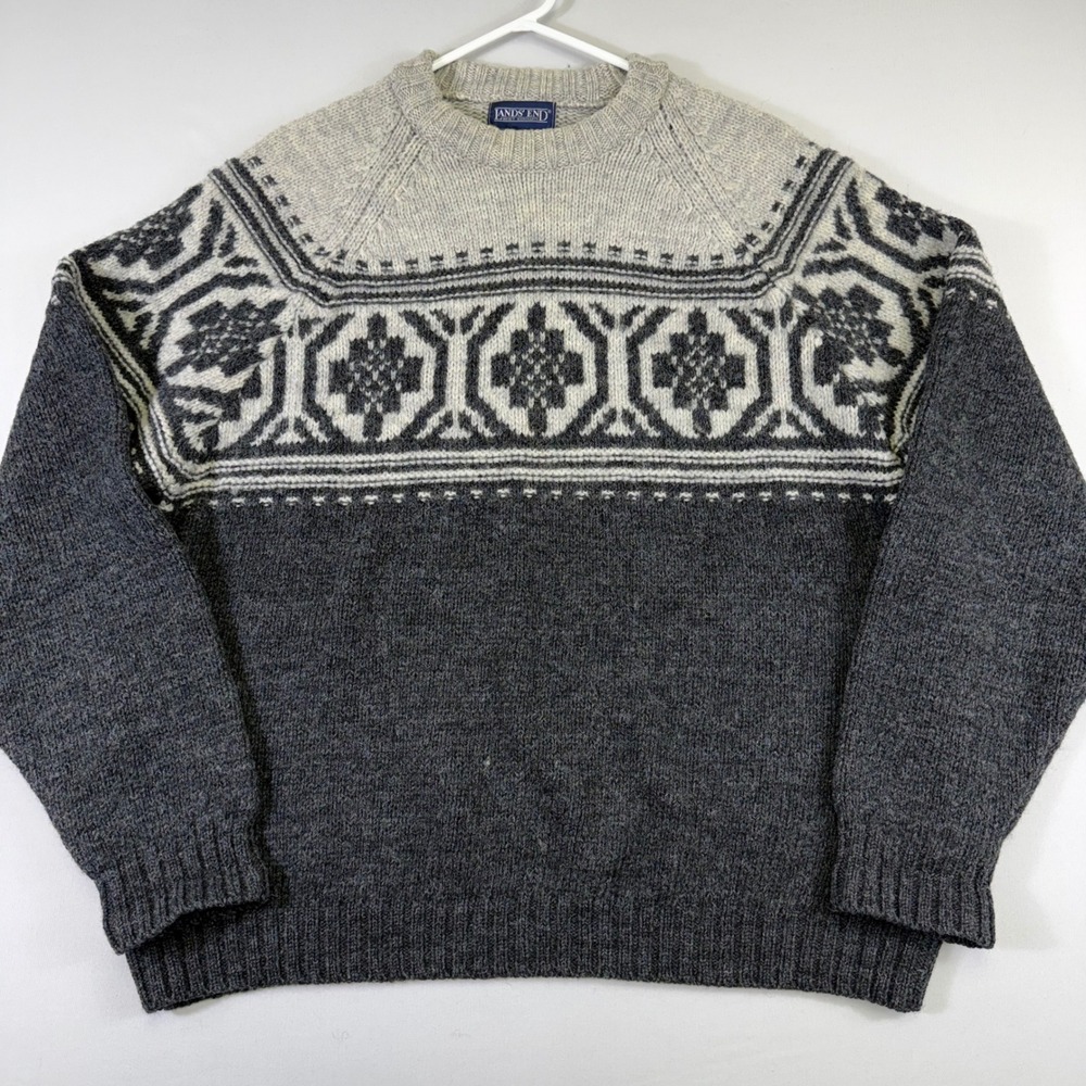 Vintage Lands End Wool Sweater Mens L Grey Nordic Fair Isle Made in England